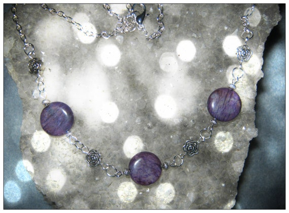Handmade Silver Necklace with Amethyst Coins & Roses by IreneDesign2011