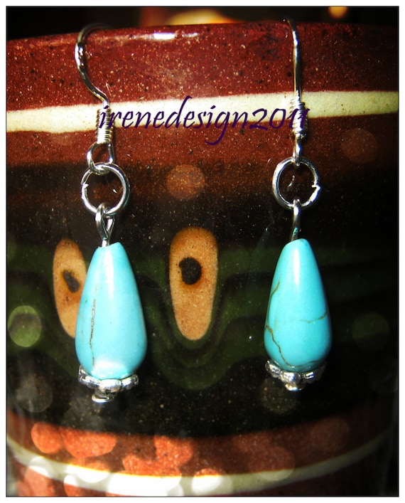 Handmade Silver hook Earrings with Turquoise Drops by IreneDesign2011