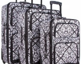Three piece Luggage Set. Damask Print in Black, Pink or Purple