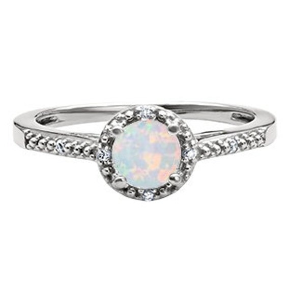 Round Opal Birthstone Diamond Ring Available In White Rose