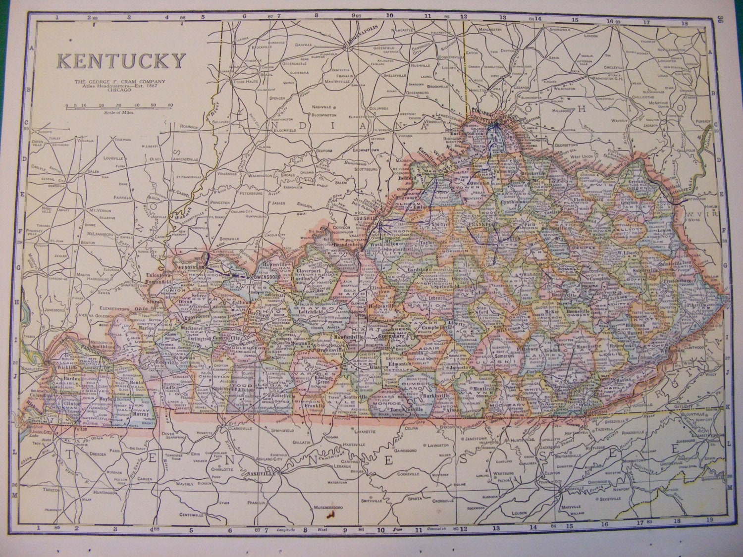 1923 Map of Indiana and Kentucky IN KY