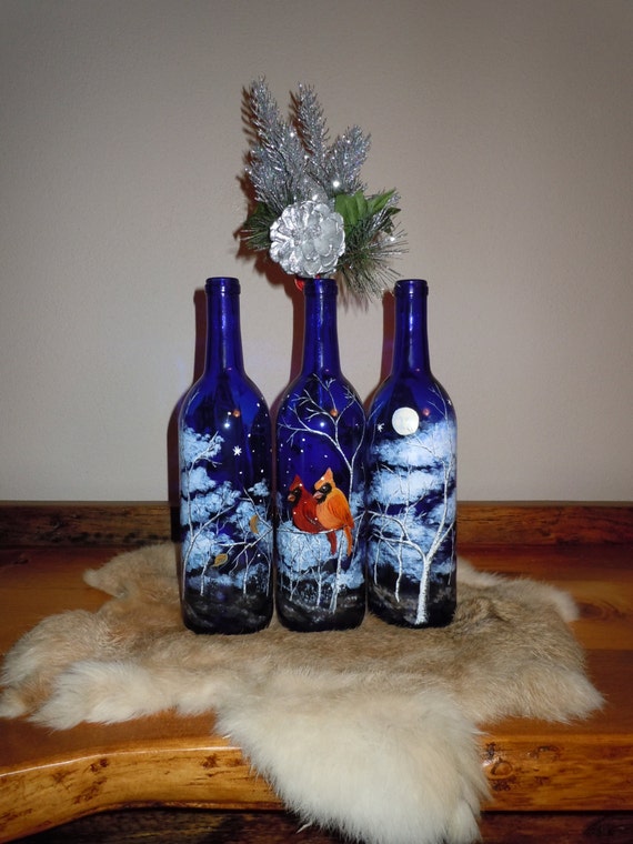 Items similar to Hand Painted Wine Bottle with Cardinals 