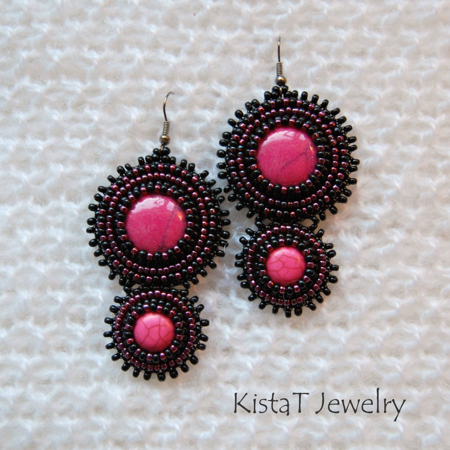Bead embroidered earrings black and pink earrings beaded