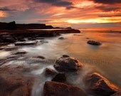 Fine Art Print Red Gold Fire Sunset Coast Beach Rocks Sea Landscape  16x12 inch Limited Edition