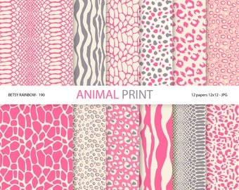 Pink Animal Print Digital Paper Pack, 12 Digital Scrapbook Papers Animal Print in Pink - BR 190
