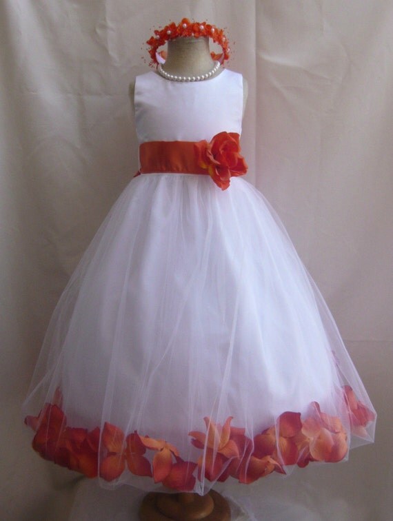 Flower Girl Dresses WHITE with Orange Rose by NollaCollection