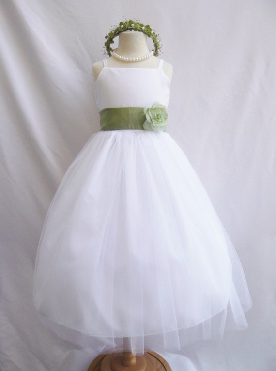 Flower Girl Dresses WHITE with Green Sage by NollaCollection