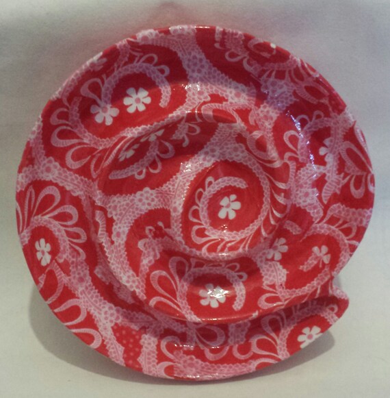 Red swirling Decorative Decoupaged Plate by ChristiesCuriosities