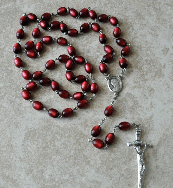 Antique Red Beads & Papal Crucifix Rosary by RosariumStudio