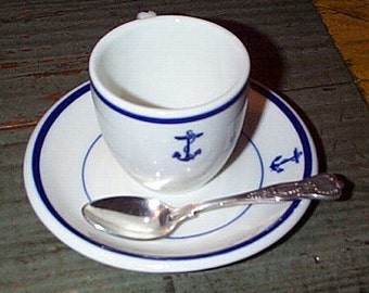 US Navy 3pc Demitasse Expresso Coffee Set w/ Fouled Anchor, Wardroom Officers Mess, Everyday Use, Heavy Durable Restaurantware - WWII Korea