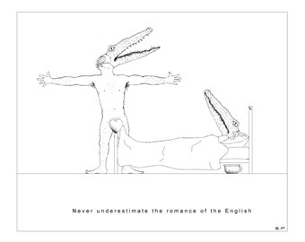 humorous black and white illustration.