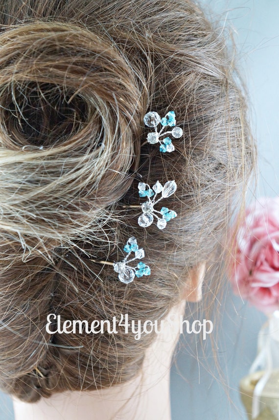 Crystal Bridal Hair Pins Aqua Bright Blue Rhinestones Bobby