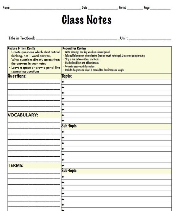 Items similar to Note Taking Template Middle & HighSchool ...