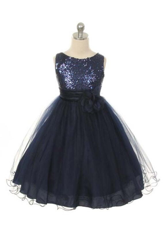 Flower Girl Dress Navy  Sequin Double Mesh Flower Girl Christmas Special occasion  Dress