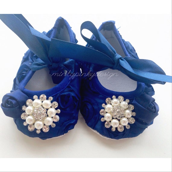 Items similar to Navy Blue Satin Baby Crib Shoes, Baby Rosette Shoes ...