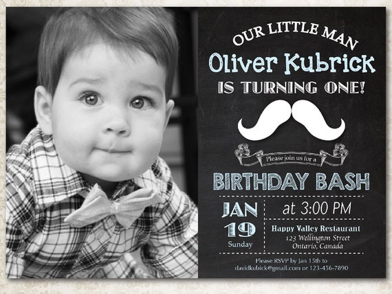 Chalkboard Little Man Mustache Birthday Invitation. Baby Boy