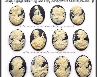 12 Asst. Styles Ivory color on Black 40mm x 30mm Resin GODDESS CAMEOS LOT B for Making Costume Jewelry