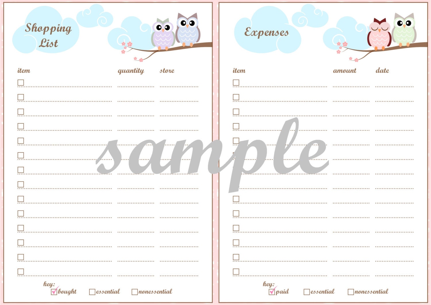 A5 Filofax Printable Inserts Pastel Owls includes Week on