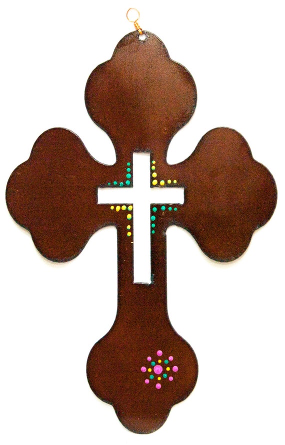 Rusted Recycled Metal Wide Clover Cross with Cross by KaliMetalArt