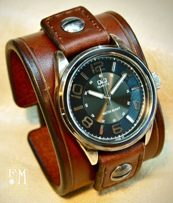 Leather cuff Watch Vintage Brown bridle leather wristband watchband, wrist watch made for YOU in NYC by Freddie Matara