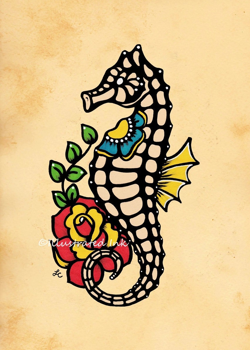 Old School Tattoo SEAHORSE Flash Art Print 5 x 7 8 x 10 or 11