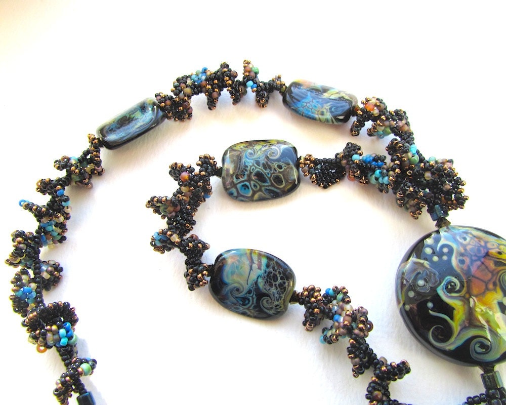 Black Magic Beadwoven Statement Necklace with Lampwork Glass