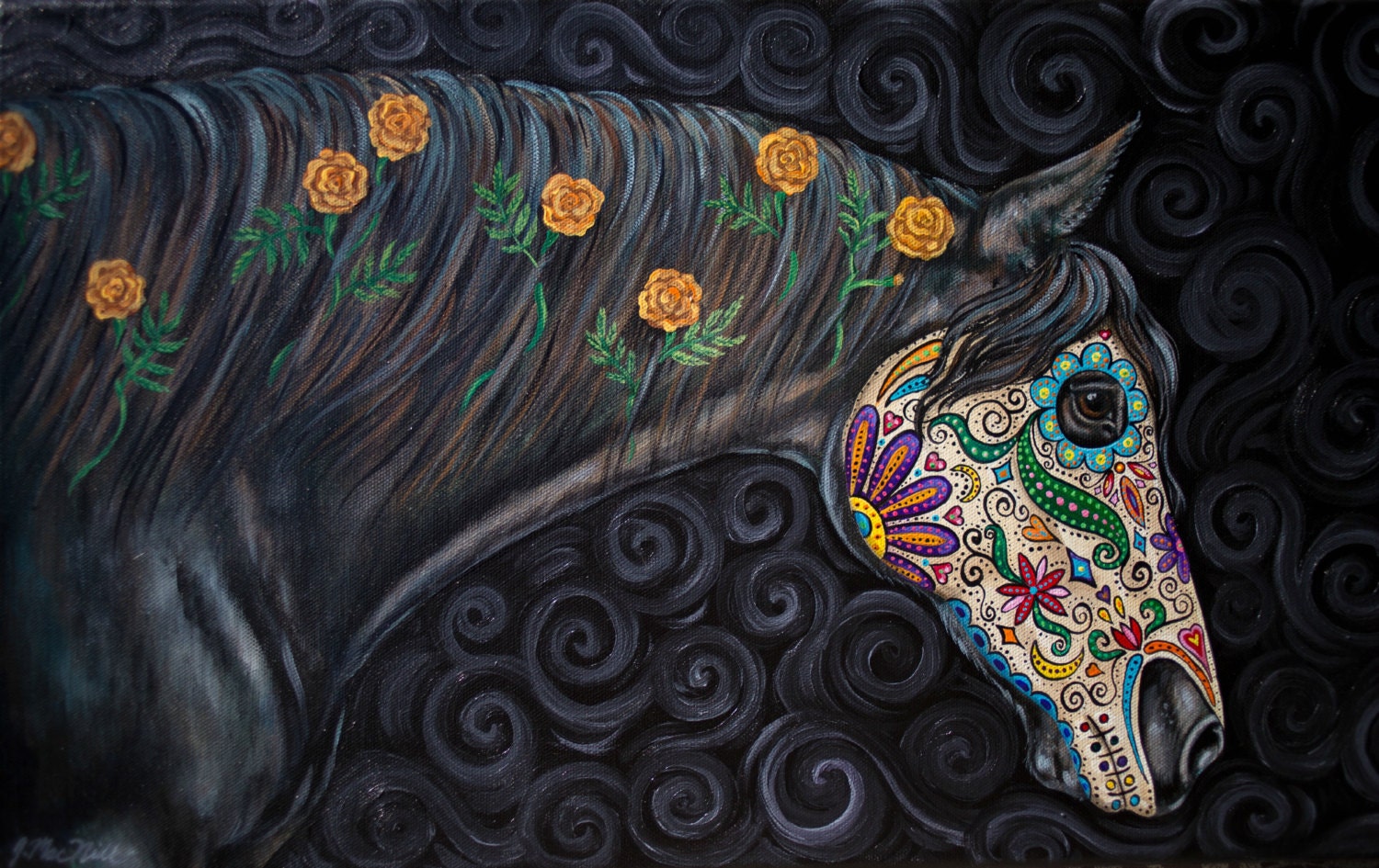 Day of the Dead Original Horse Painting Dia de los Muertos