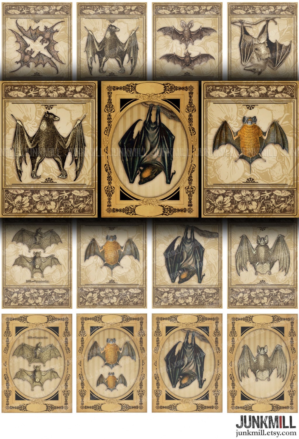 VICTORIAN BATS  Digital Printable Collage Sheet  Antique Vampire Bat Illustrations in Vintage 