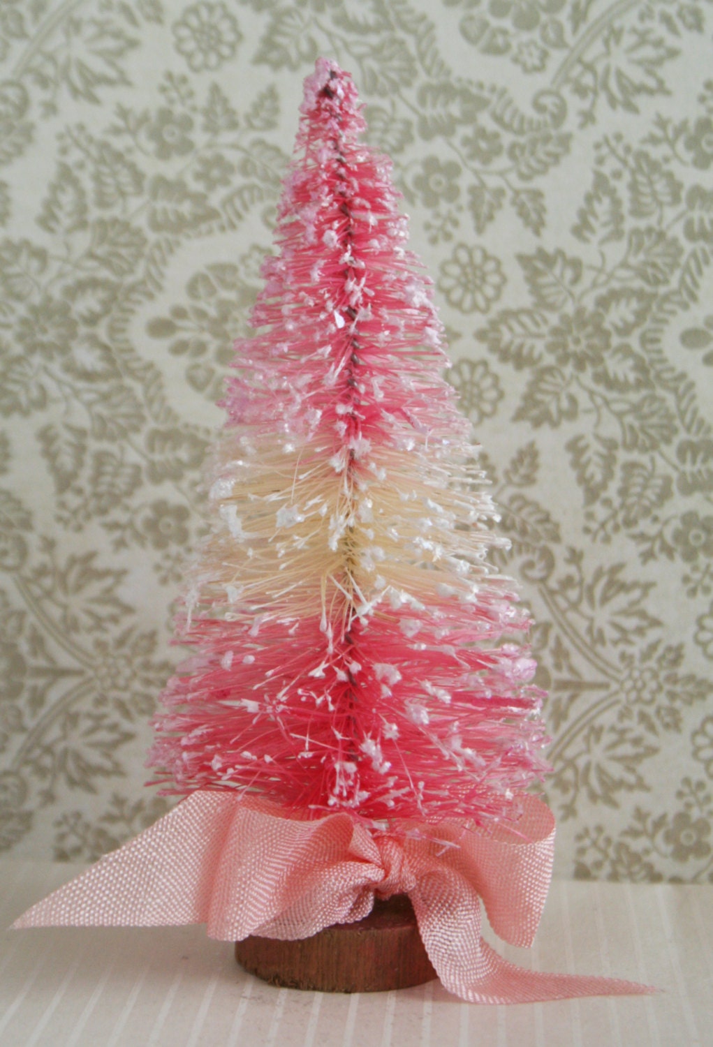 NEW! 4 Inch Tall Pink and White Striped Vintage Style Bottle Brush Tree - Easter Display Pastel Bottle Brush Tree - Miniature Spring Tree