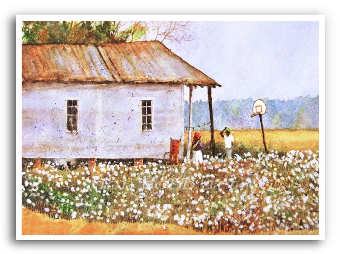 13x19 Louisiana Cotton Field Folk Acrylic Painting Art