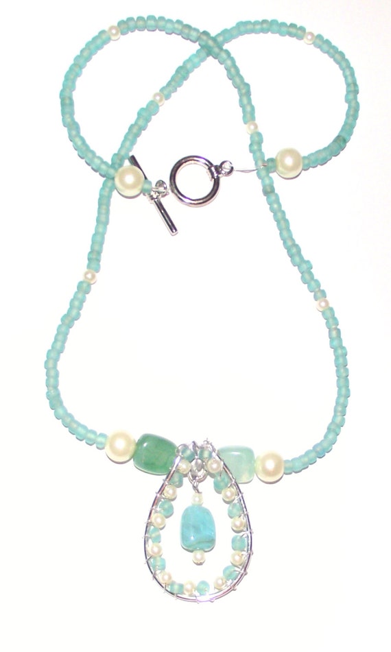 Turquoise necklace seaglass with faux pearl seed beads aqua