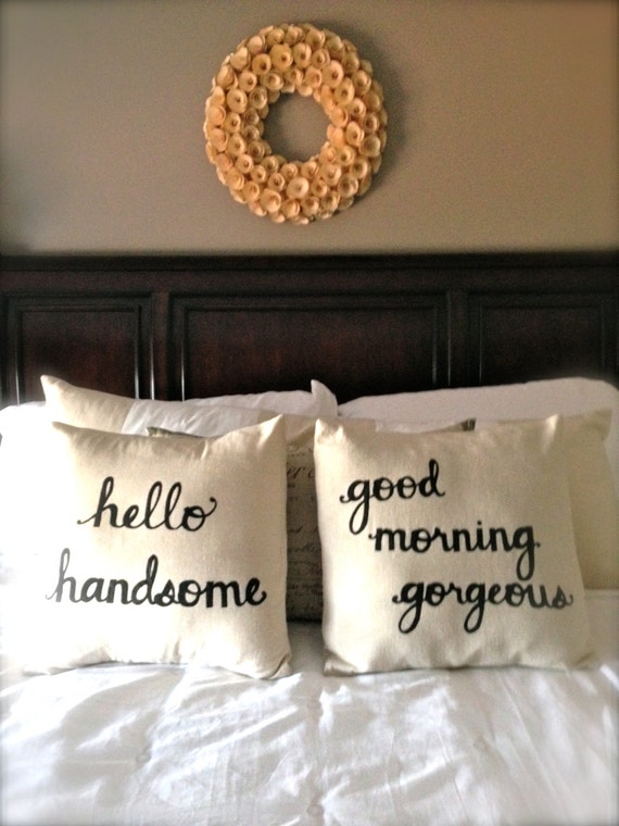 RESERVED FOR JESSICA...Hello Handsome Good Morning Gorgeous 16"x16" Pillow Cover Set in Natural Linen