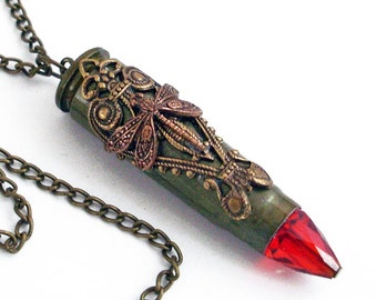 Dragonfly Dreams - Steampunk Bullet Necklace - Extra Long Chain