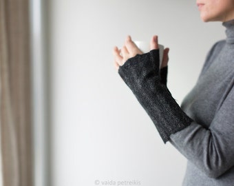 Felted fingerless gloves Wool mittens Felt arm warmers in black gray with delicate stripes Warm cuffs Gift for her made by Vaida Petreikis