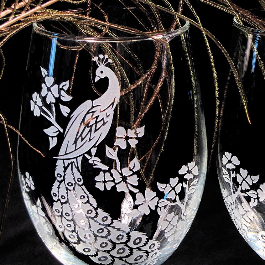 2 Peacock Wedding Stemless Wine Glasses Etched Glass Peacock