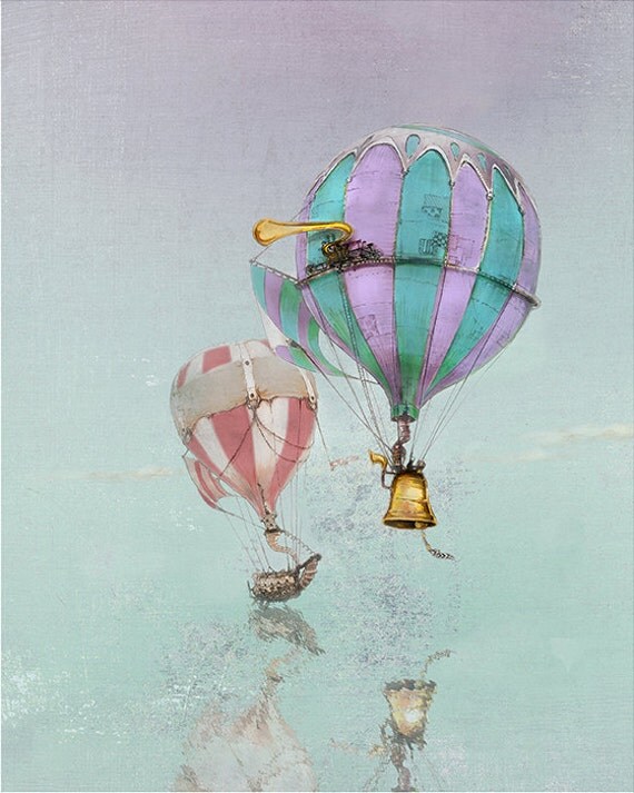Hot Air Balloons wall Art PRINT - Hot Air Balloons - giclée Fantasy Art Print - Steampunk Art - rainbow color