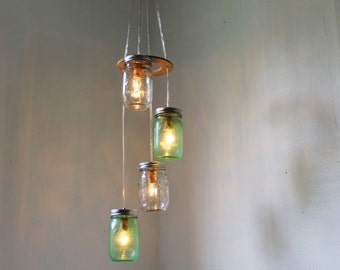 SPRING GREEN Mason Jar Chandelier - Upcycled Hanging Lighting Fixture Featuring 4 Spiraling Jars - Rustic BootsNGus Modern Country Lamp
