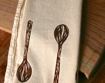 Flour Sack Towel, Hand Printed, Wooden Spoon, Cotton