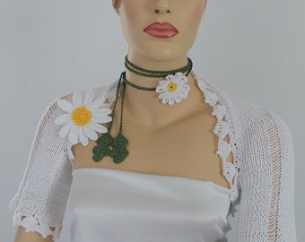 Hand Knitted Crocheted Cotton Wedding Shrug Bolero with Necklace Brooch Camomile / Ready to ship