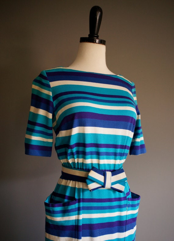 Vintage 50s HAYMAKER Stripe Sweater BOW Dress (xs-s)