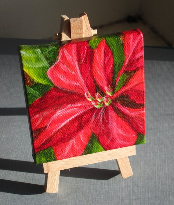 Poinsettia Painting Small Acrylic Painting Christmas Art for