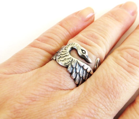 Steampunk Swan Ring Sterling Silver Ox Finish by BellaMantra