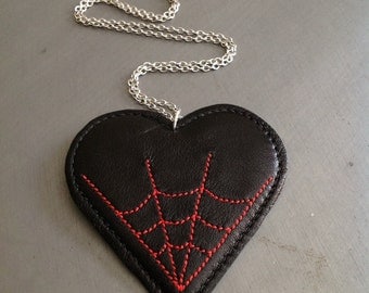 Spiderweb Necklace, Leather Necklace, Heart Necklace, Horror Necklace