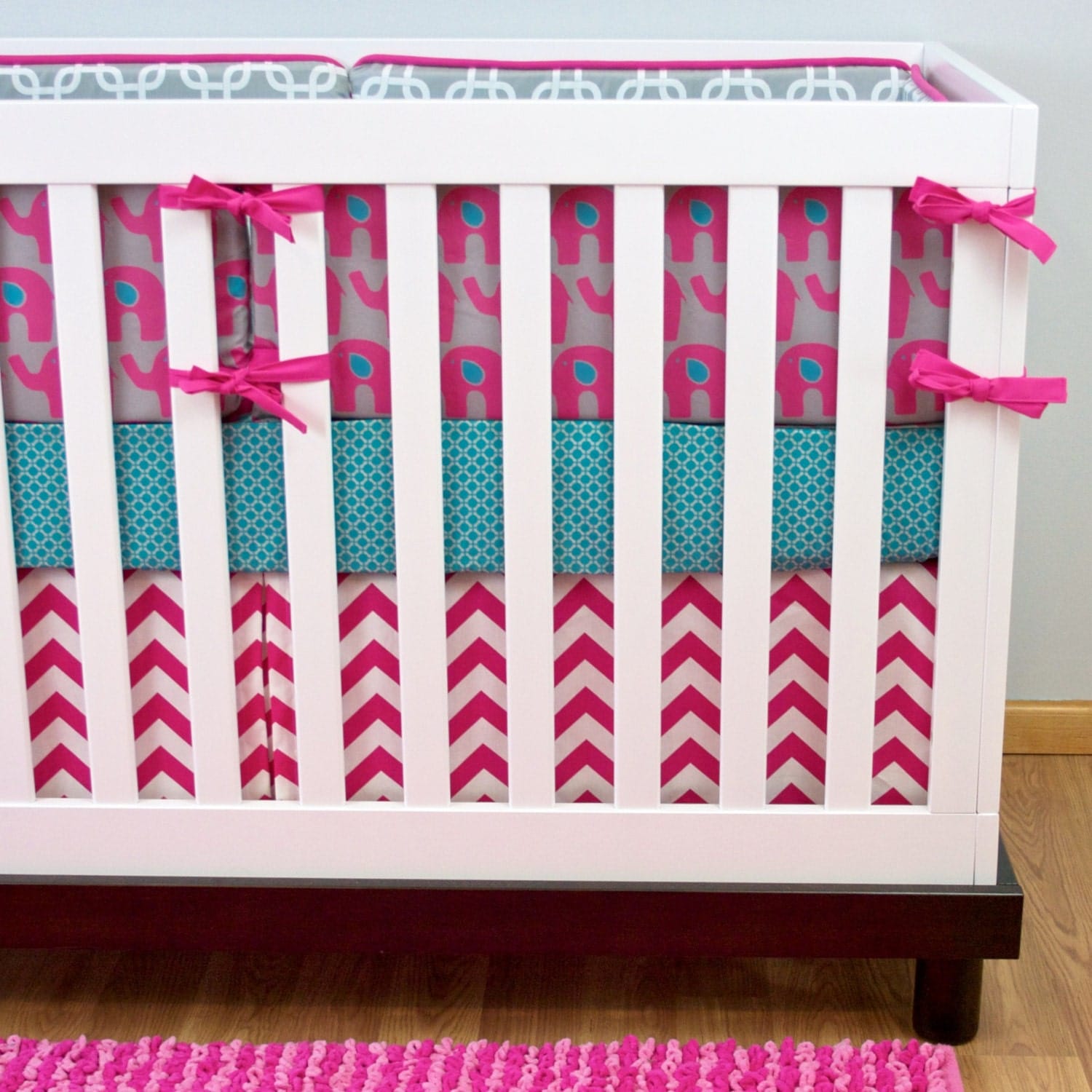 Elephant Crib Bedding Nursery Baby Set Nursery Crib Set Pink Turquoise Gray Zoom