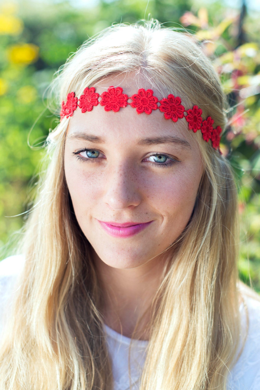 Red Daisy Headband Daisy Trim Elastic Headband Hippie Hair