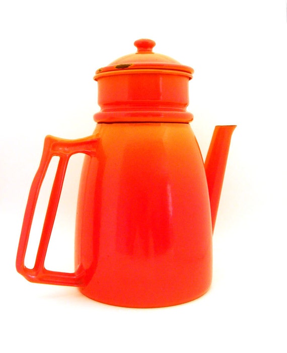 Belgian Cast Iron Enamelware Coffee Pot Flame Red Orange Ombre