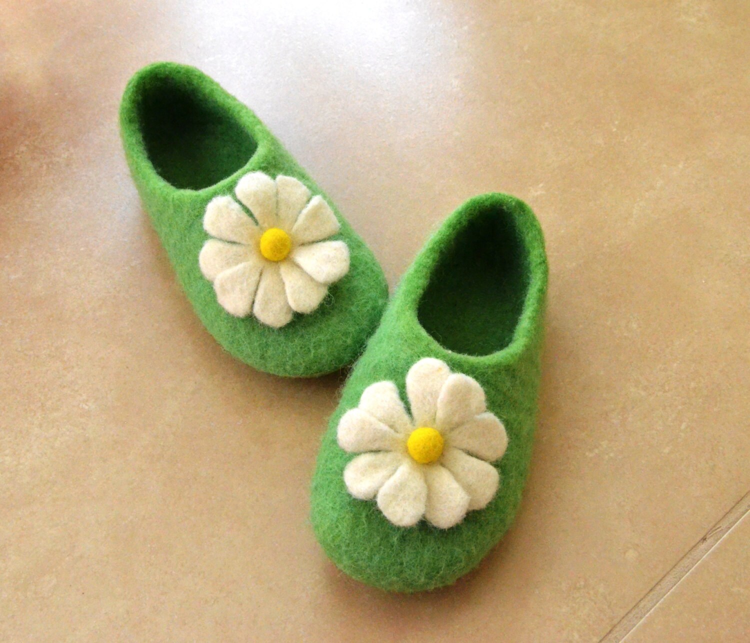 Green felted slippers Daisy slippers Women flower slippers