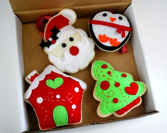 Felt Christmas Ornament Set box , Gingerbread House , Christmas Tree, Penguin and Santa Claus Ornament (SET B) A832 Il_570xn
