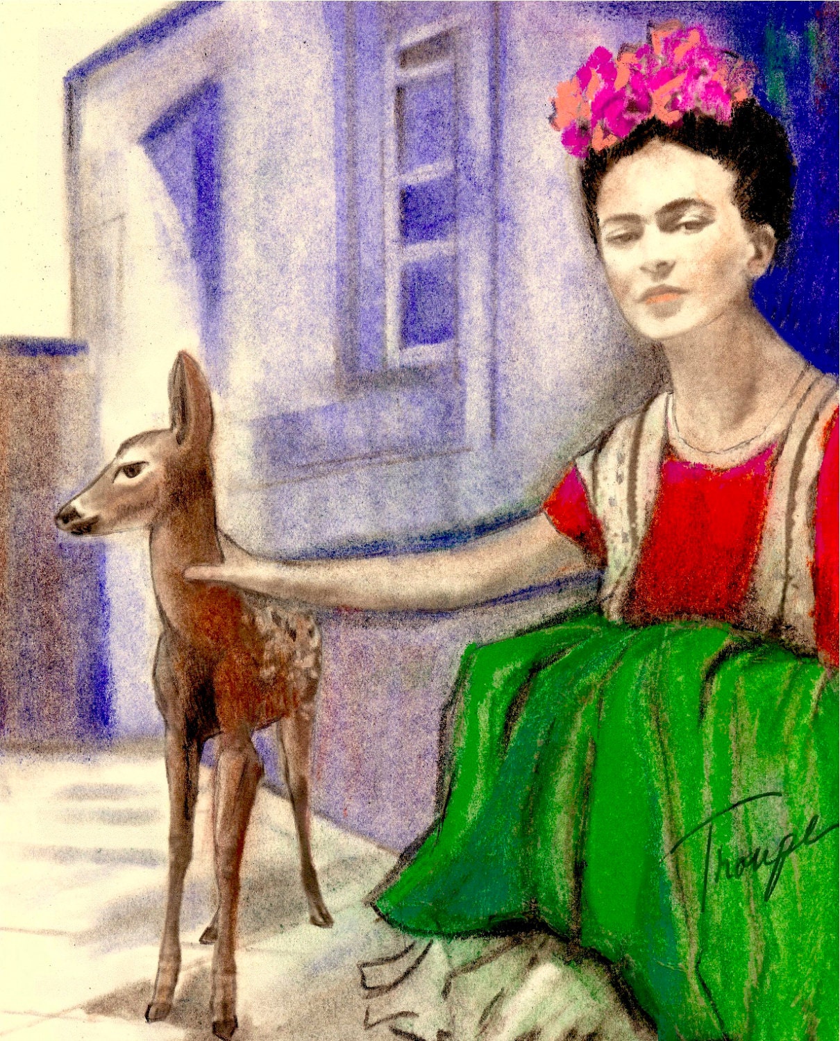 Frida Kahlo and her pet deer Granizo Original Pastel Pencil