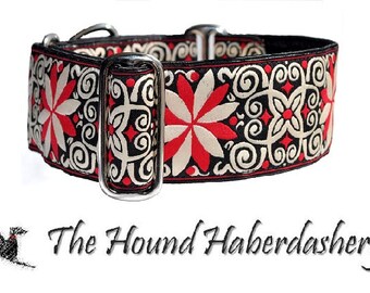 Martingale Collar or Buckle Dog Collar - Arabesque Jacquard in Red & White - 2 Inch, Greyhound Collar, Great Dane Collar, Custom Dog Collar